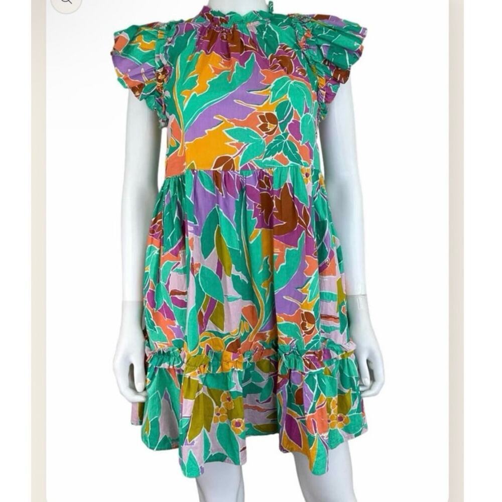 House of Harlow 1960 Women's Tired Ruffle Mini Dress Coltraihe Green Tropical